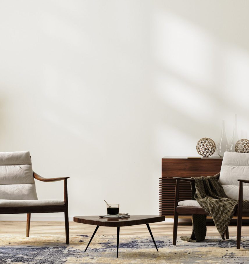 Bright modern living room interior in neutral colors with armchairs, floor lamp, rug and coffee table, chest of drawers with home decor, wide empty wall, 3d render